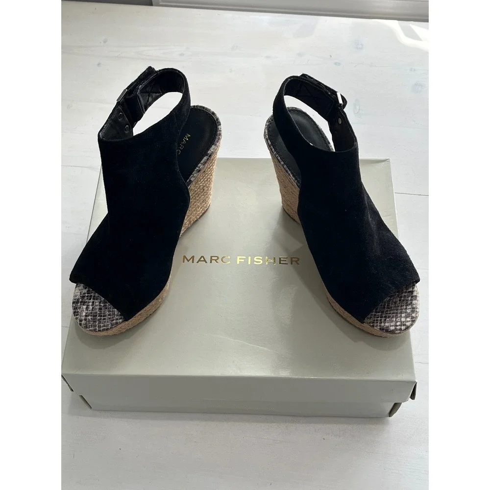 Marc Fisher‎ Black Suede Peep Toe Espadrille Wedge Sandals Size 6.5M